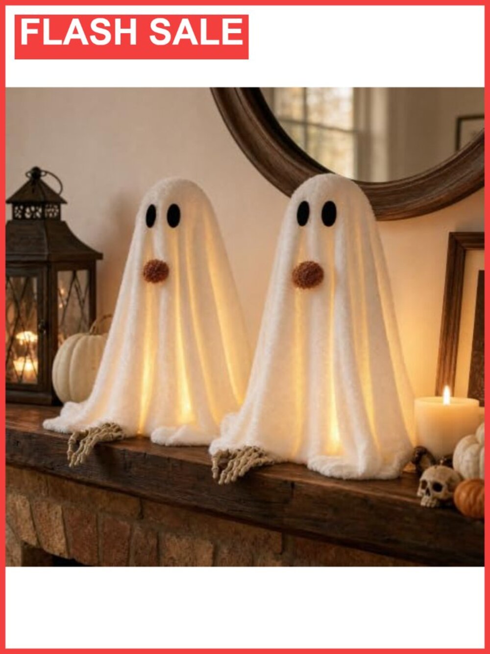 2 Pack 20.5in Light-Up Sherpa Ghosts with Pumpkins Halloween Tabletop Decor